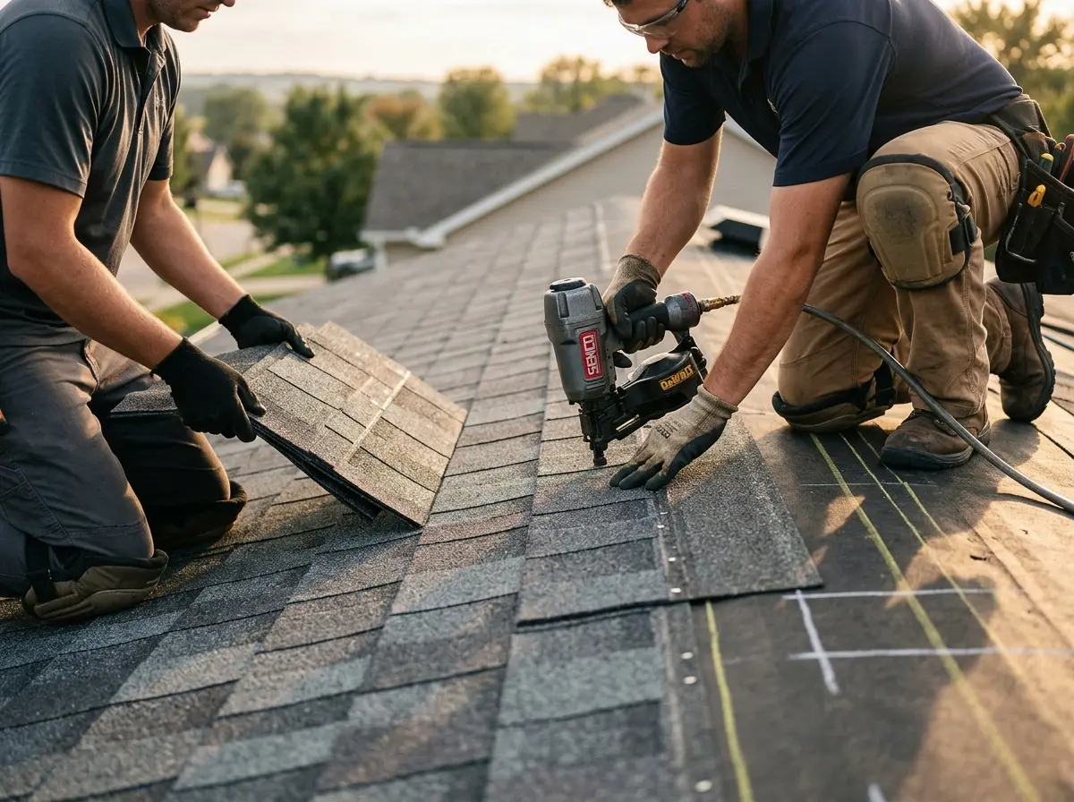 Professional roofer working on a residential roof in St. Peter